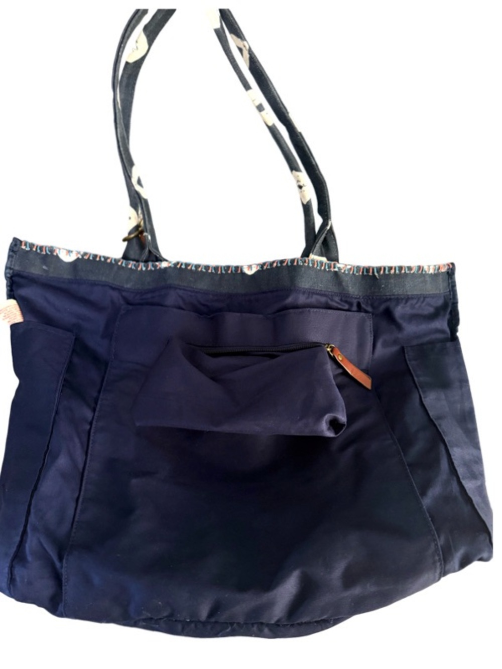Lucky Brand Canvas Batik Tote Bag plus Zippered Wallet Pouch Leather Navy White - Picture 9 of 16